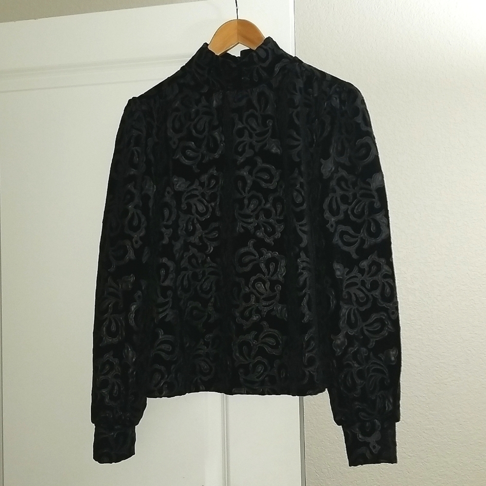 Faux leather & suede mock turtleneck blouse
